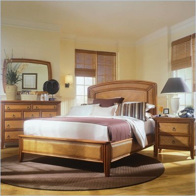 American Drew Antigua Low Profile Wood Panel Bed 5 Piece Bedroom Set in Toasted Almond