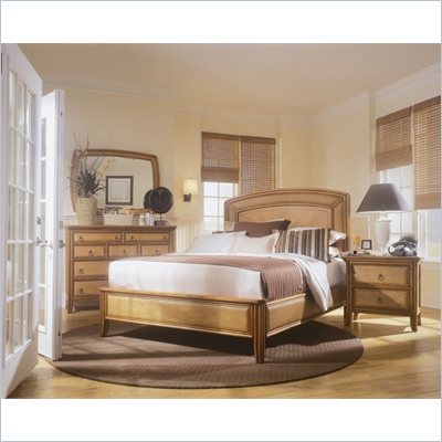 American Drew Antigua Wood Low Profile Panel Bed 4 Piece Bedroom Set in Toasted Almond