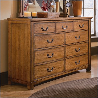 American Drew Beacon Ridge 9 Drawer Double Dresser in Rustic Pecan Finish