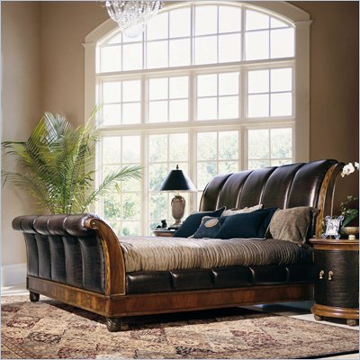 American Drew Bob Mackie Classics Leather Sleigh Bed in Burnished Nutmeg Finish