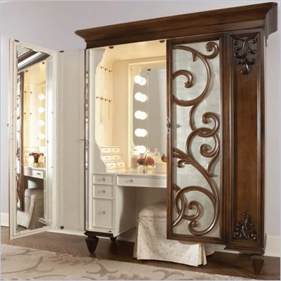 American Drew Jessica McClintock Couture Mink Jewelry Armoire with Stool