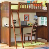 Lea Dillon Twin Wood Loft Bunk Bed with Desk in Distressed Brown Cherry Finish
