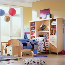 Lea Off Campus Kids Wood Wall Storage Bookcase Bed 4 Piece Bedroom Set in Natural Maple