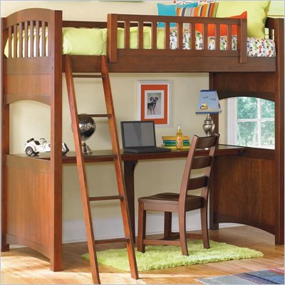 Lea Dillon Twin Wood Loft Bunk Bed with Desk in Distressed Brown Cherry Finish