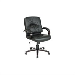 Office Star Black Mid Back Executive Leather Chair with Mahogany Finish Wood Base and Arms by Office Star