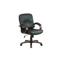 Office Star Mid Back Executive Leather Chair with Cherry Finish Wood Base and Arms