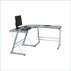 Office Star Orion L-Shape Computer Desk in Silver / Blue Clear Glass