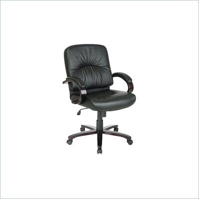 Office Star Black Mid Back Executive Leather Chair with Mahogany Finish Wood Base and Arms