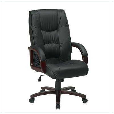 Office Star Work Smart High Back Executive Leather Chair with Mahogany Finish Wood Base and Padded Arms