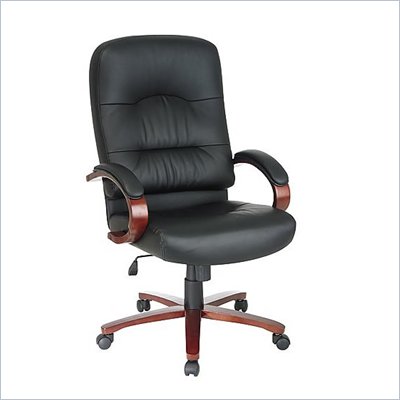 Office Star High Back Executive Leather Chair with Cherry Finish Wood Base and Arms