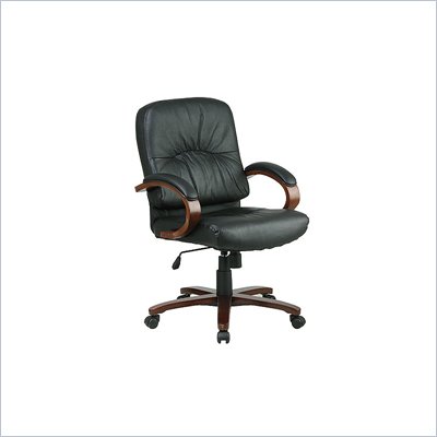 Office Star Mid Back Executive Leather Chair with Cherry Finish Wood Base and Arms