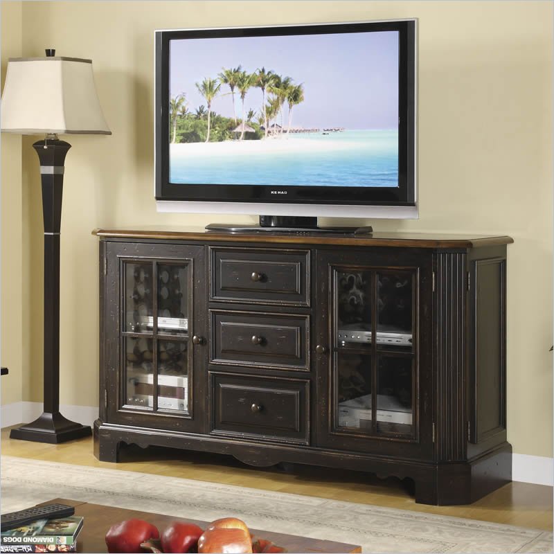 Riverside Furniture Delcastle 60 Inch High Waist TV Stand in Aged Black and Antique Irish Pine