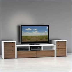 Nexera Liber-T TV Stand with 2 Cabinets in White and Walnut