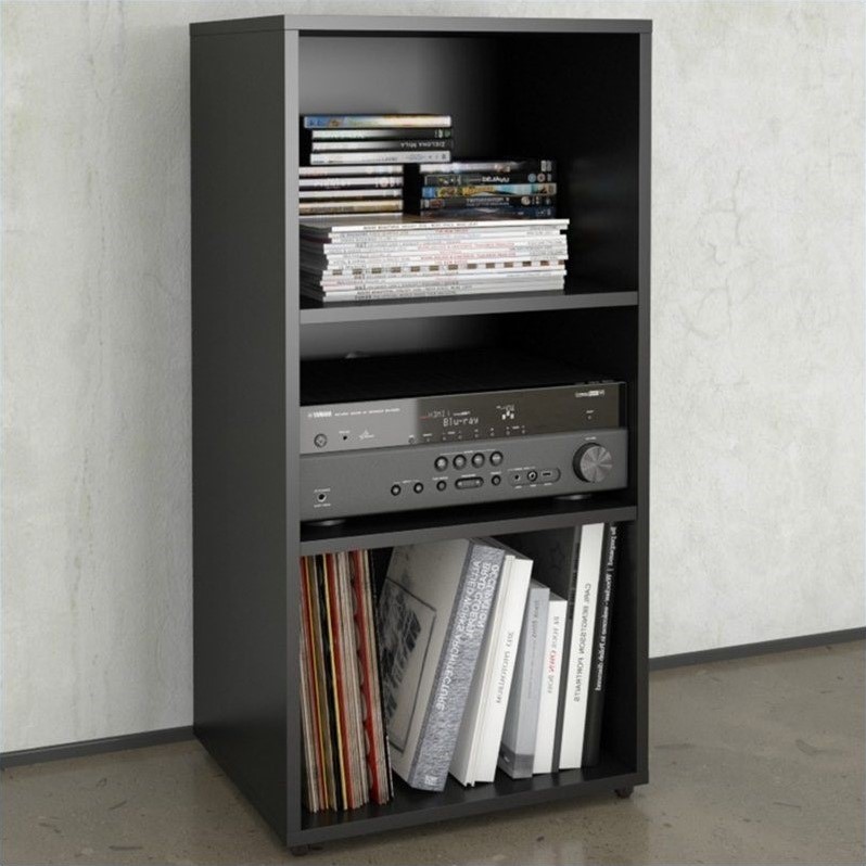 Nexera Avenue Open Storage Module in Black Lacquer & Melamine