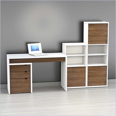 Nexera Liber-T 4-Piece Modular Workstation in White and Walnut