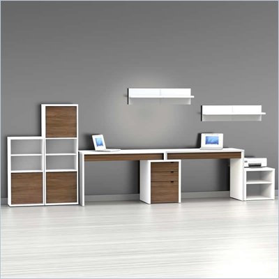Nexera Liber-T 8-Piece Modular Workstation in White and Walnut