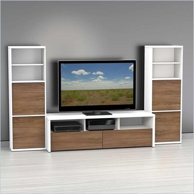 Nexera Liber-T TV Stand with 2 Bookcases in White and Walnut