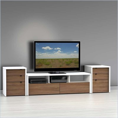 Nexera Liber-T TV Stand with 2 Cabinets in White and Walnut