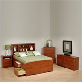 Prepac Monterey Cherry Tall Full Wood Platform Storage Bed 4 Piece Bedroom Set