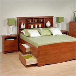 Prepac Monterey Cherry Tall Queen Wood Platform Storage Bed 4 Piece Bedroom Set