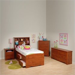 Prepac Monterey Cherry Tall Twin Wood Platform Storage Bed 4 Piece Bedroom Set