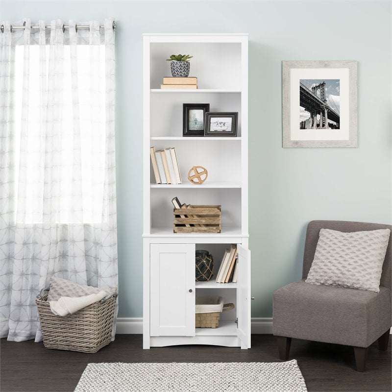 Prepac Tall 6 Shelf Bookcase with 2 Shaker Doors in White