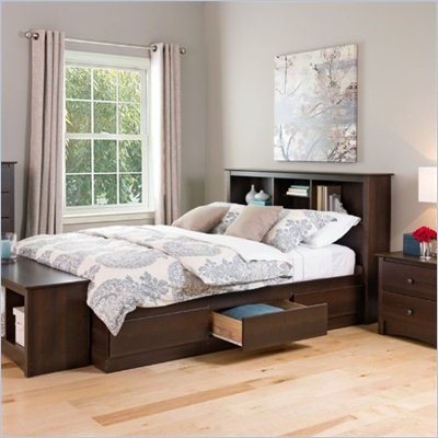 Prepac Manhattan Bookcase Platform Bed 3 Piece Bedroom Set in Espresso