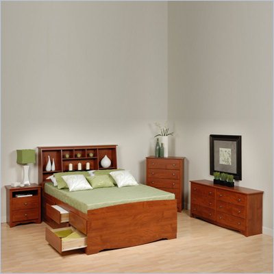 Prepac Monterey Cherry Tall Full Wood Platform Storage Bed 4 Piece Bedroom Set