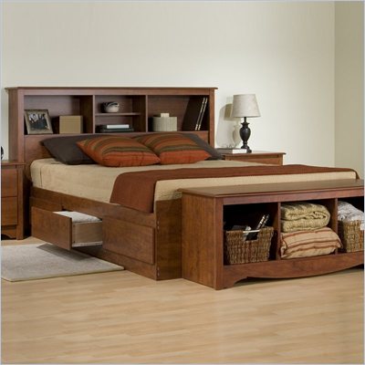 Prepac Monterey Cherry Queen Bookcase Platform Storage Bed