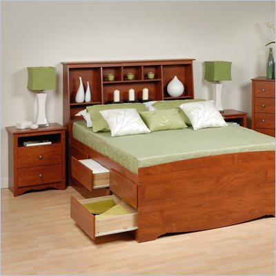 Prepac Monterey Cherry Tall Queen Wood Platform Storage Bed 4 Piece Bedroom Set