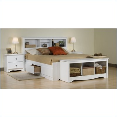 Prepac Monterey White Queen Wood Platform Storage Bed 4 Piece Bedroom Set