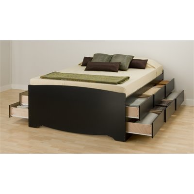 Prepac Black Sonoma Tall Double / Full Platform Storage Bed with 12 Drawers