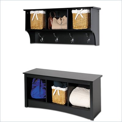 Prepac Sonoma Black Cubbie Bench and Wall Coat Rack Set
