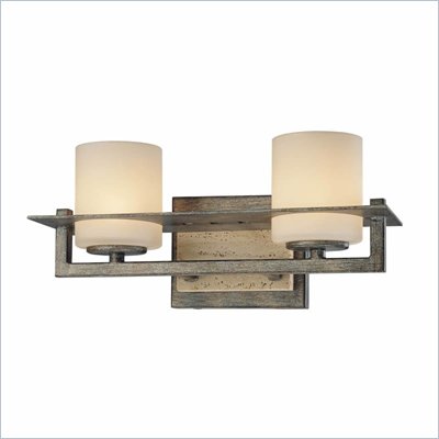 Minka Lighting Compositions 2 Light Bath Minka Lavery in Aged Patina Iron with Travertine Stone with Etched Opal Glass