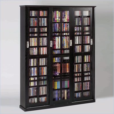 Leslie Dame Sliding Door Inlaid Glass Mission Black Multimedia Cabinet