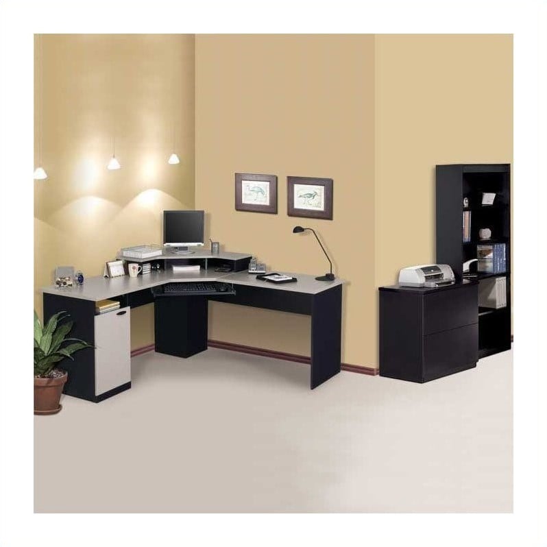 Bestar Hampton Corner Computer Desk Set in Sand Granite & Charcoal