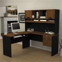 Bestar Innova L-Shape Wood Computer Workstation with Hutch in Tuscany Brown