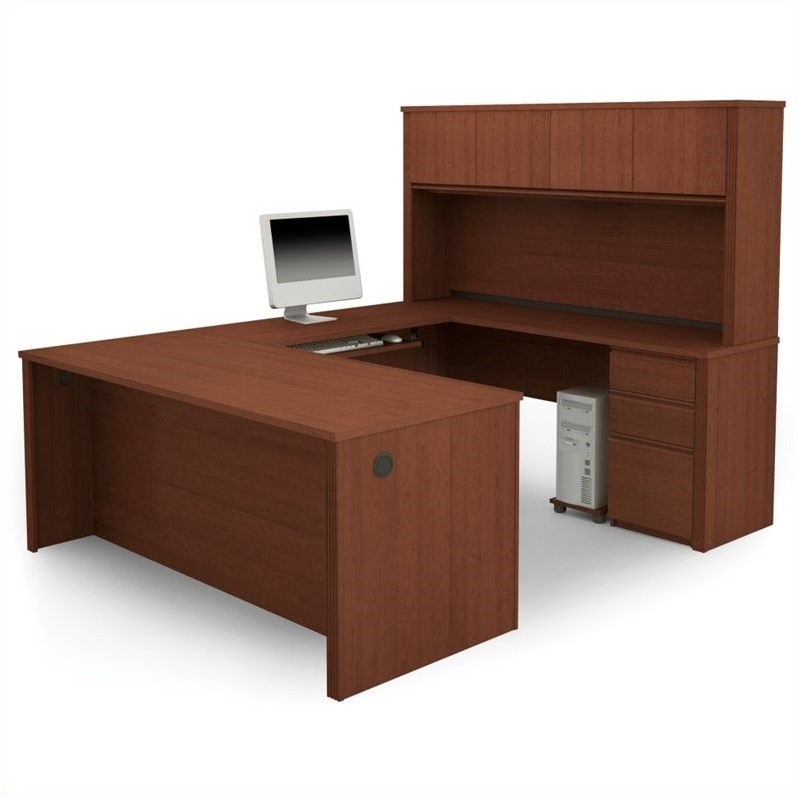 Bestar Prestige U-Shaped Workstation with Hutch and Dual Pedestals - Cognac Cherry