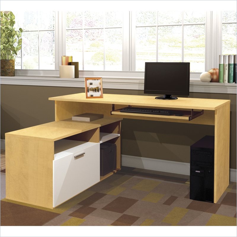 Bestar Modula L-Shape Workstation Desk in Secret Maple and White