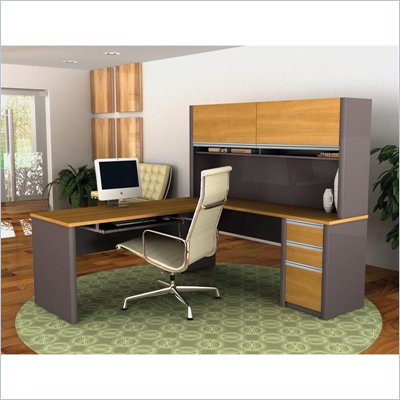 Bestar Connexion L-Shape Desk w/ Hutch in Cappuccino Cherry and Slate
