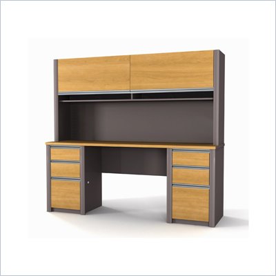 Bestar Connexion Credenza and Hutch with 2 Pedestals in Cappuccino Cherry and Slate