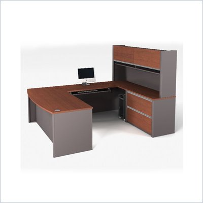 Bestar Connexion U-Shape Home Office Set with 1 Oversized Pedestal in Bordeaux and Slate