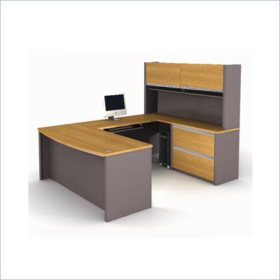 Bestar Connexion U-Shape Home Office Set with 1 Oversized Pedestal in Cappuccino Cherry & Slate