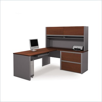 Bestar Connexion L-Shaped Office Set with 1 Oversized Pedestal in Bordeaux and Slate