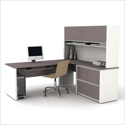 Bestar Connexion L-Shaped Office Set with 1 Oversized Pedestal in Sandstone & Slate