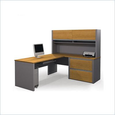 Bestar Connexion L-Shaped Office Set with 1 Oversized Pedestal in Cappuccino Cherry and Slate