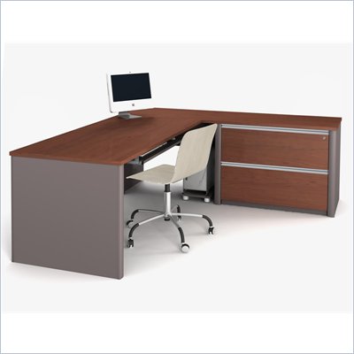 Bestar Connexion L-Shaped Workstation with 1 Assembled Oversized Pedestal in Bordeaux