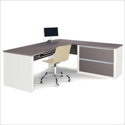 Bestar Connexion L-Shaped Workstation with 1 Assembled Oversized Pedestal in Sandstone