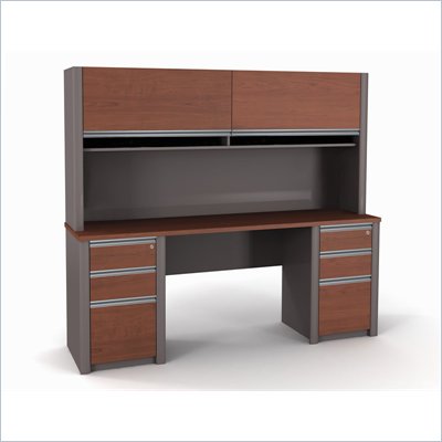 Bestar Connexion Credenza and Hutch with 2 Assembled Pedestals in Bordeaux