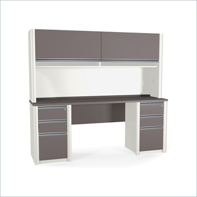 Bestar Connexion Credenza and Hutch with 2 Assembled Pedestals in Sandstone